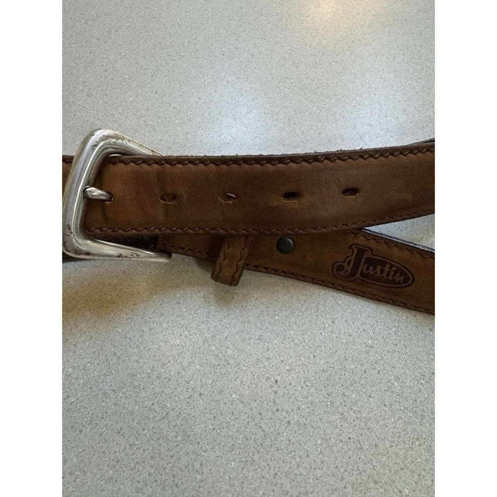 Justin Leather Belt Mens 34 Brown Top Grain Made in USA Western Workwear Rugged